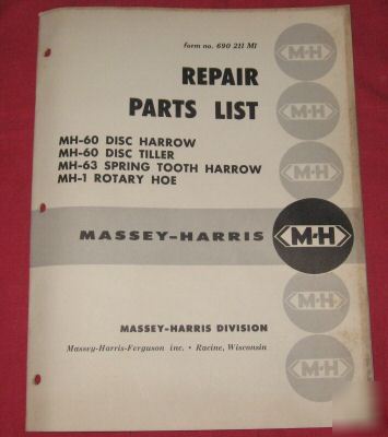  massey-harris no mh-60 disc harrow tiller parts book