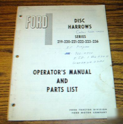 Ford 219 thru 236 disc harrow operator's parts manual