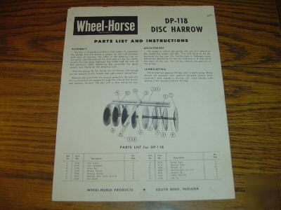 Wheel horse lawn tractor dp-118 disc harrow parts list