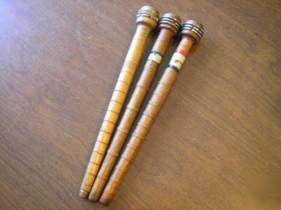 Three antique wooden wool or thread rod spools