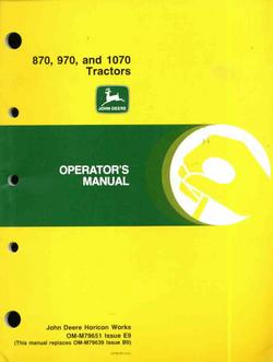 John deere tractor operator's manual for 870 970 1070