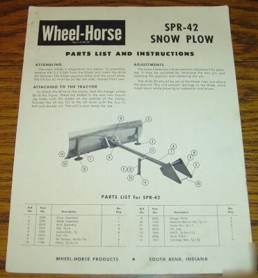 Wheel horse lawn tractor spr-42 snow plow parts list 