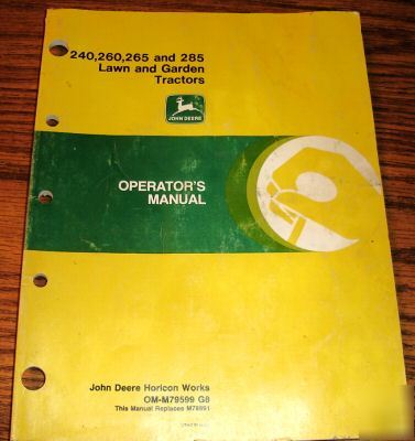 John deere 240 to 285 lawn tractor operator's manual jd