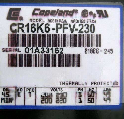 Copeland 1 hp refrigeration condensing unit 10,000 btu