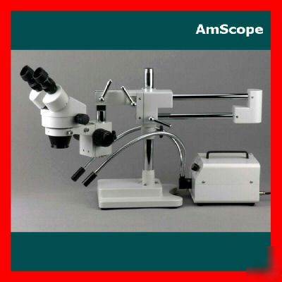 3.5X-90X binocular boom microscope + dual fiber lights
