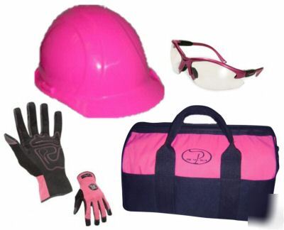 Pink hard hat tool bag gloves & safety glasses all