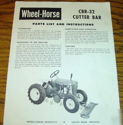 Wheel horse lawn tractor cbr-32 cutter bar parts list 