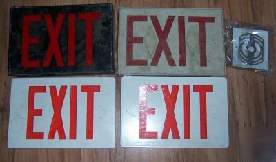 2 old lighted exit signs and 2 exit plates