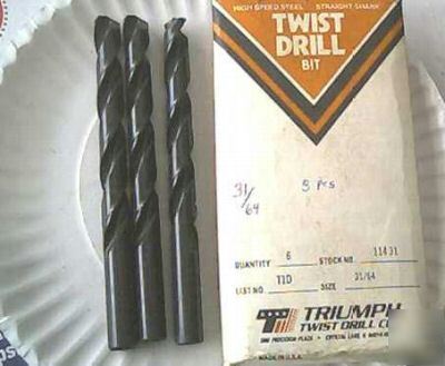 New triumph brand usa mfg 31/64 jobber drill bits 3 pcs