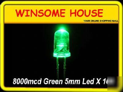 Super bright 8000MCD green 5MM led x 100PCS