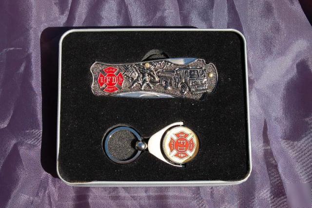 Firefighter knife & key ring box set