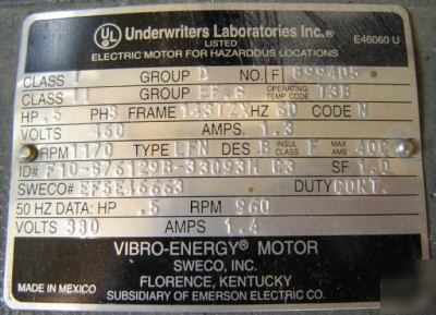 1/2 hp sweco vibro energy explosion proof motor (4591)
