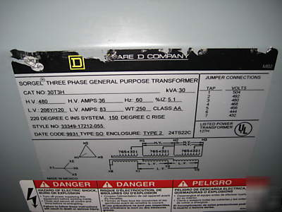 Square d transformer 30 kva 30KVA 30T3H 480/208/120 v