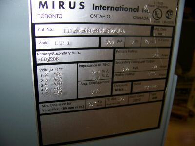 Mirus 300KVA electrical transformer 480V-208V 3PH