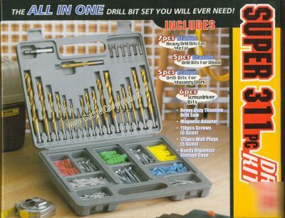 311 pc drill bit set & case kit with titanium bits