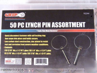 New 50 pc lynch pin assortment grip w/ case spring pins 