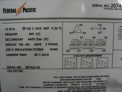 Federal pacific 15 kva transformer 3 phase delta - wye 