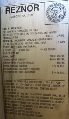 Reznor F50 50,000 btu cieling mount natural gas heater