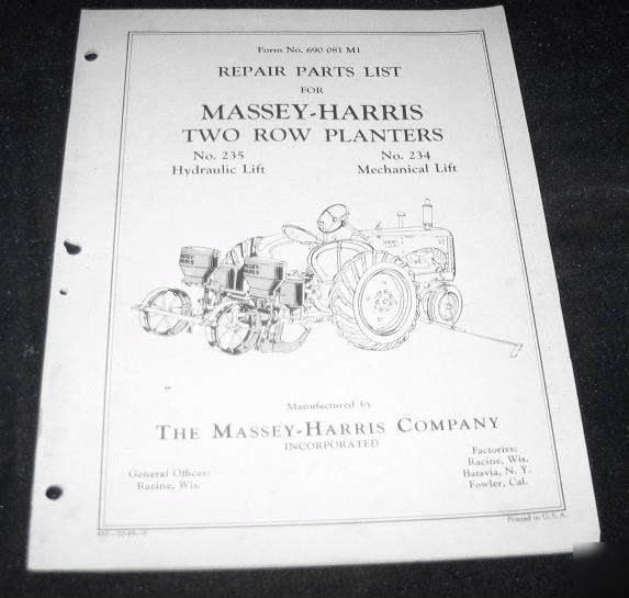 Massey harris two row planters no 235 hydraulic lift