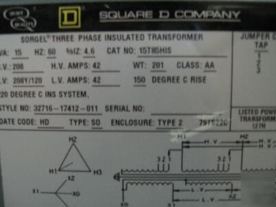 Square d 15 kva 208V-208/120V transformer 