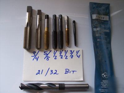 New 8 taps drill 3/4 5/8 1/2 3/8 1/4 21/32 old stock 