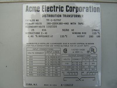 Acme electric distribution 25KVA transformer tf-1-52797