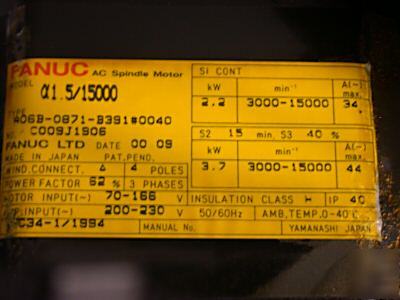 Fanuc robodrill 15,000 rpm spindle motor