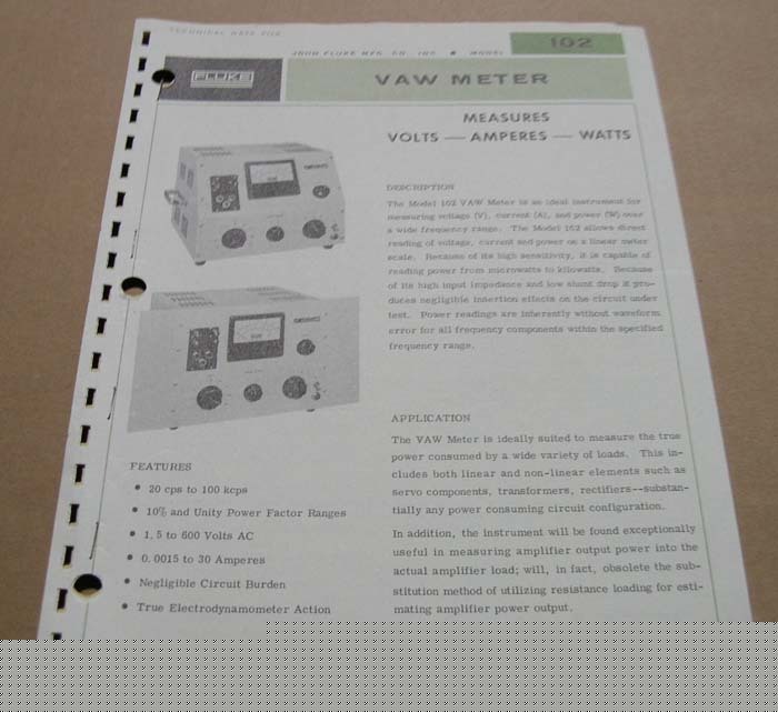 Fluke 102 vaw meter technical data file