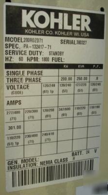 200KW kohler fast-response diesel generator - 125 hours