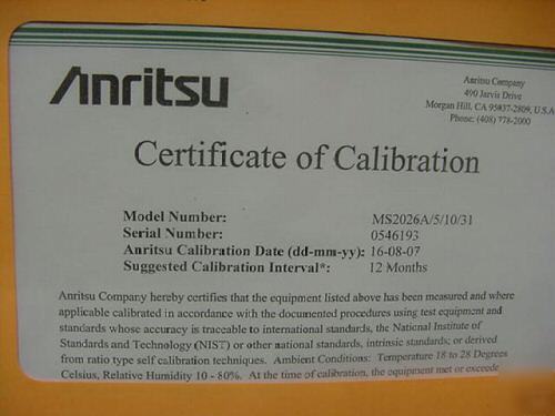 Anritsu ms-2026A vna master 2MHZ-6.000GHZ freq range